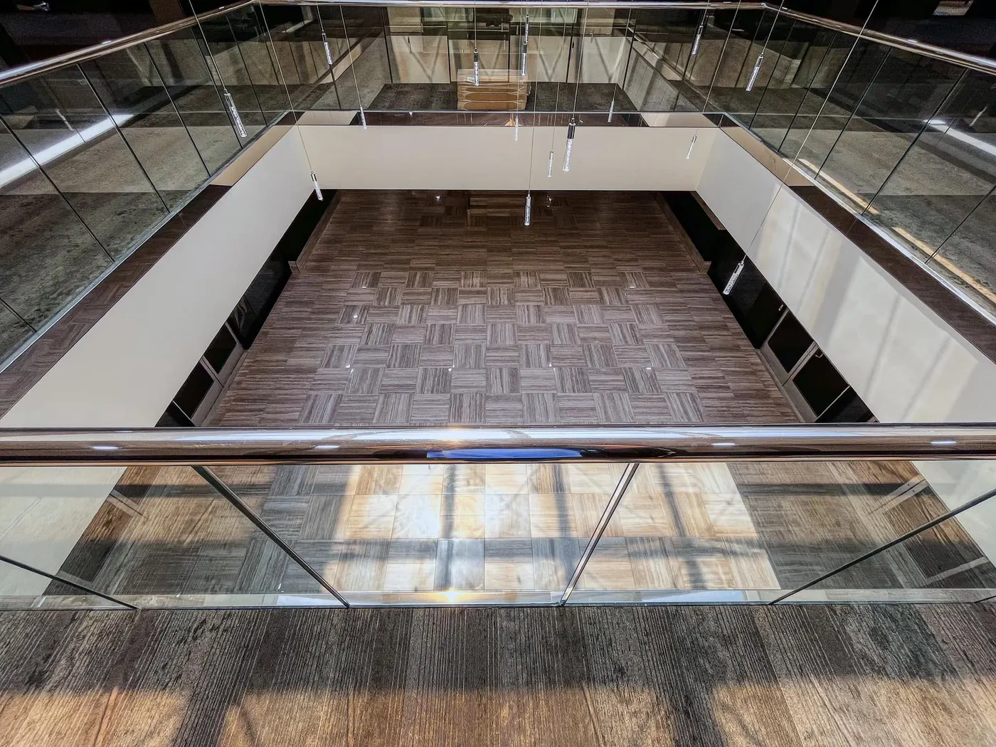 Mezzanine view over a commercial lobby floor